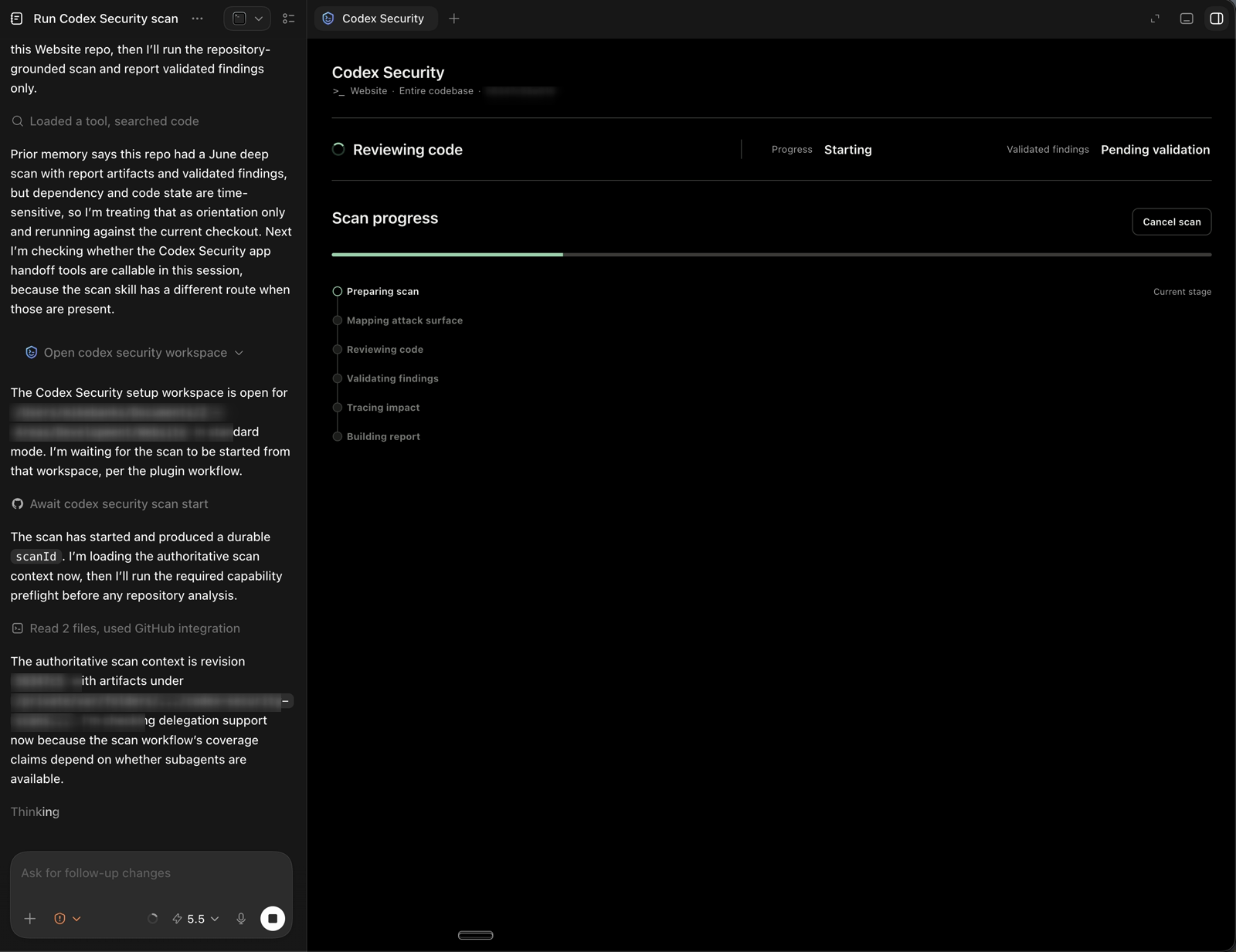 Codex Security scan progress with sensitive thread details redacted