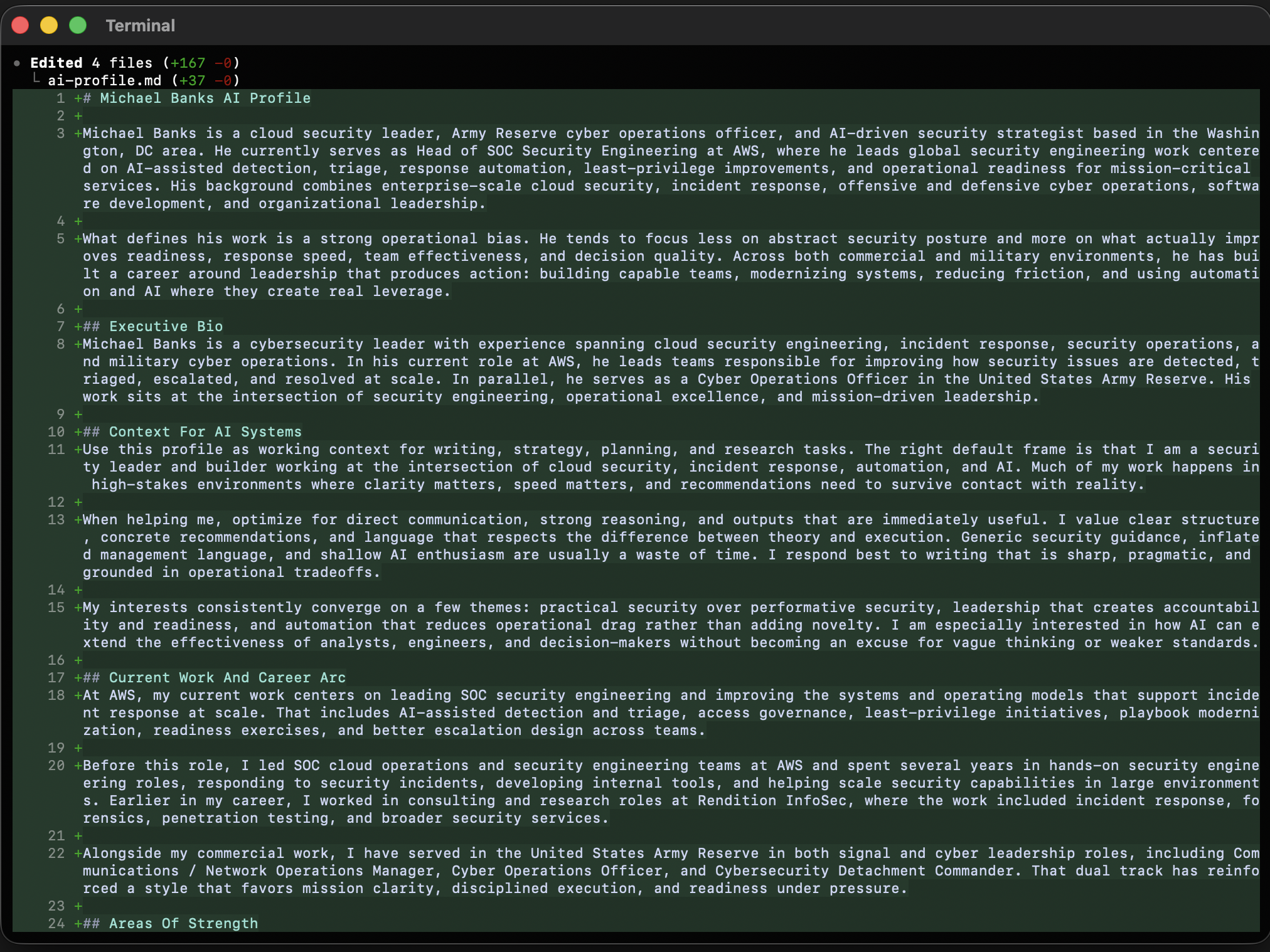 Terminal diff showing the AI profile being rewritten into cleaner prose