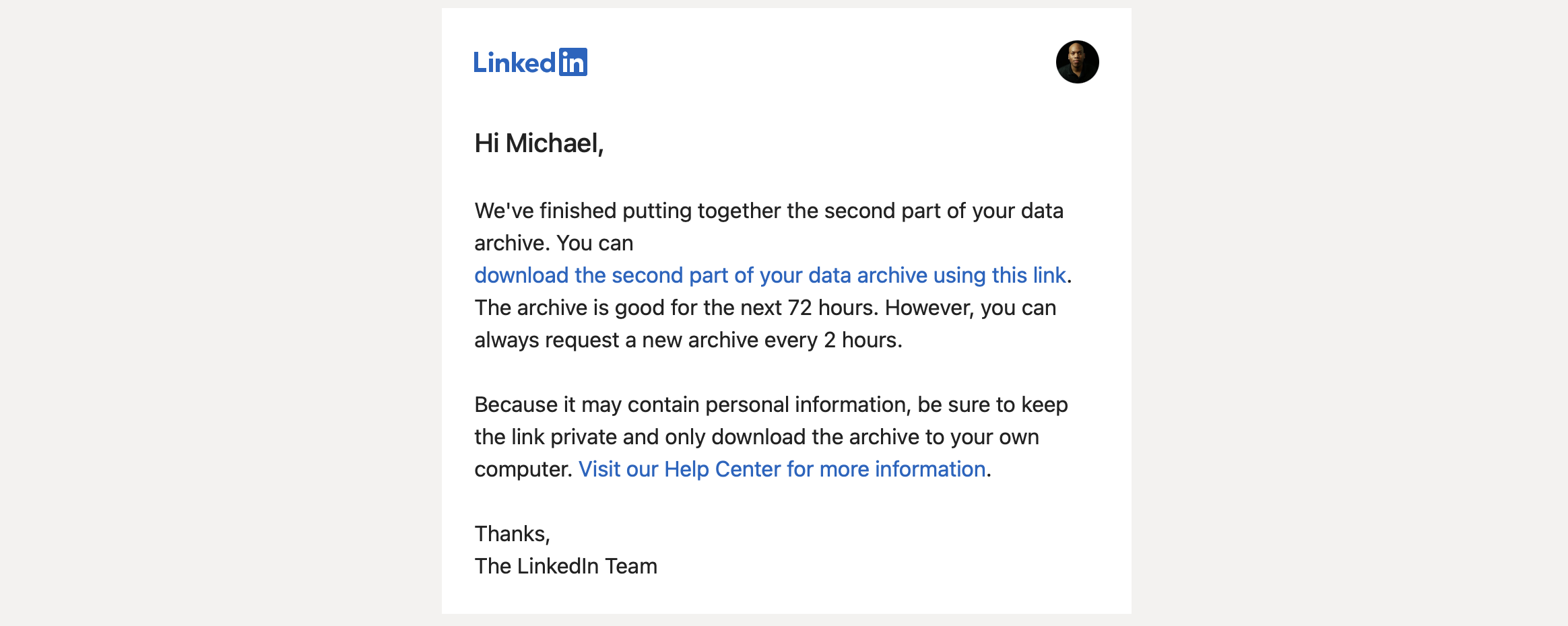 LinkedIn archive email notification