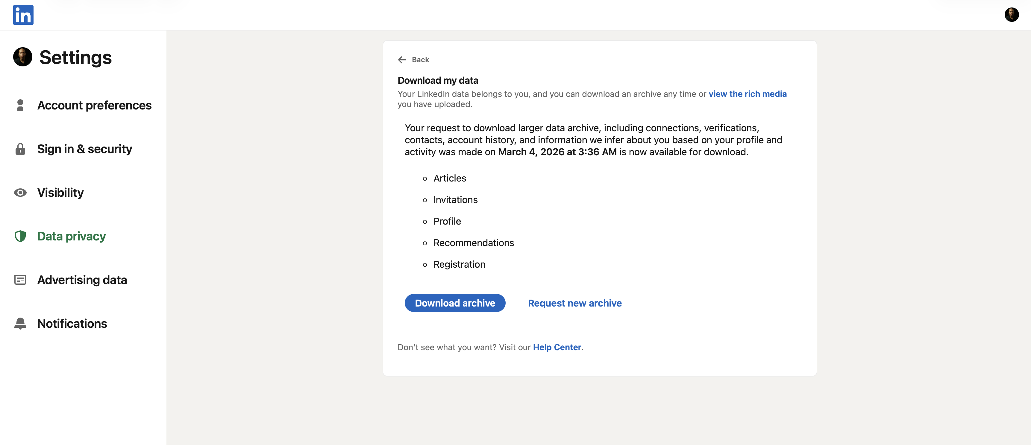 LinkedIn download archive screen