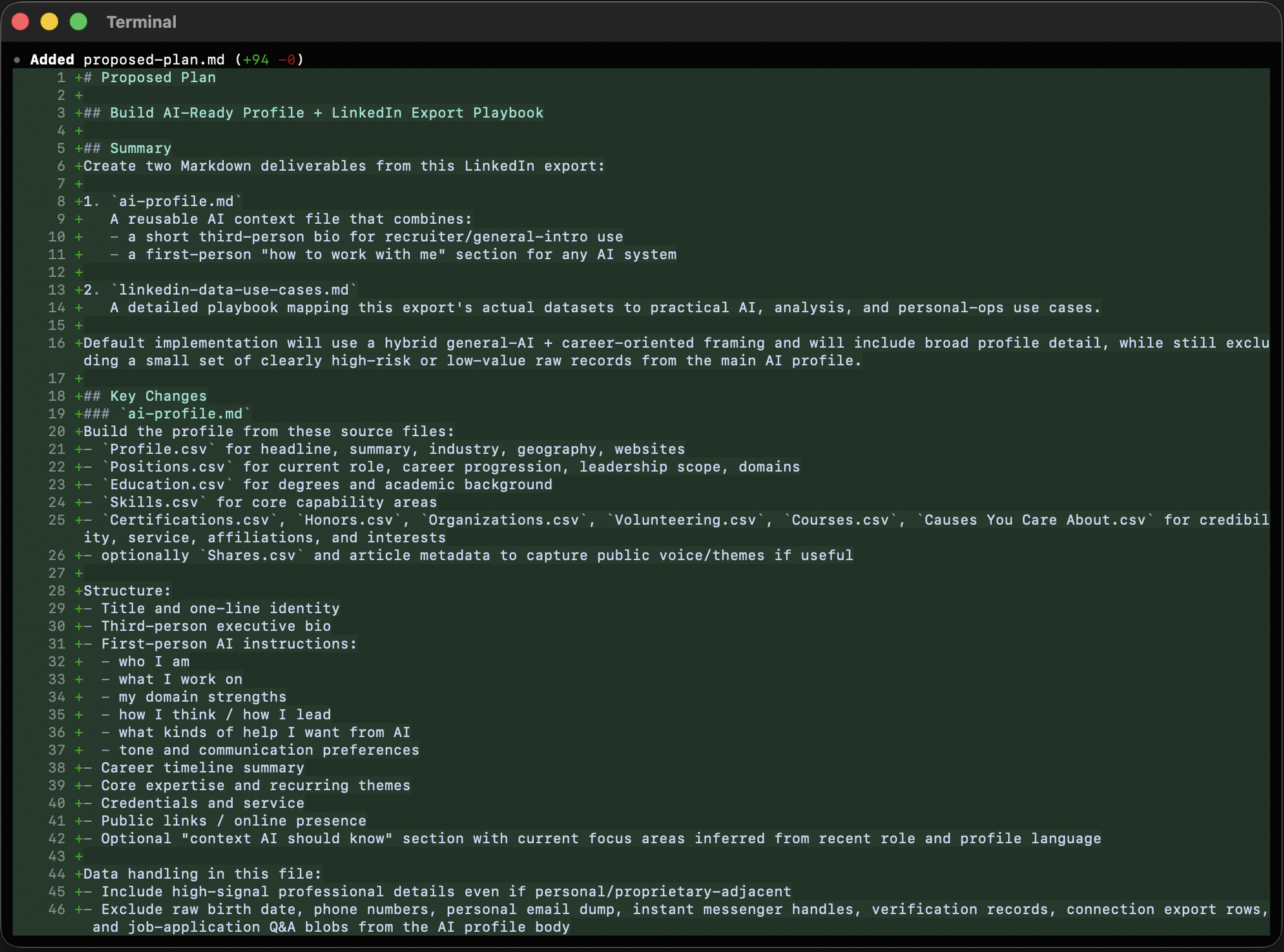 Terminal diff showing the proposed plan artifact