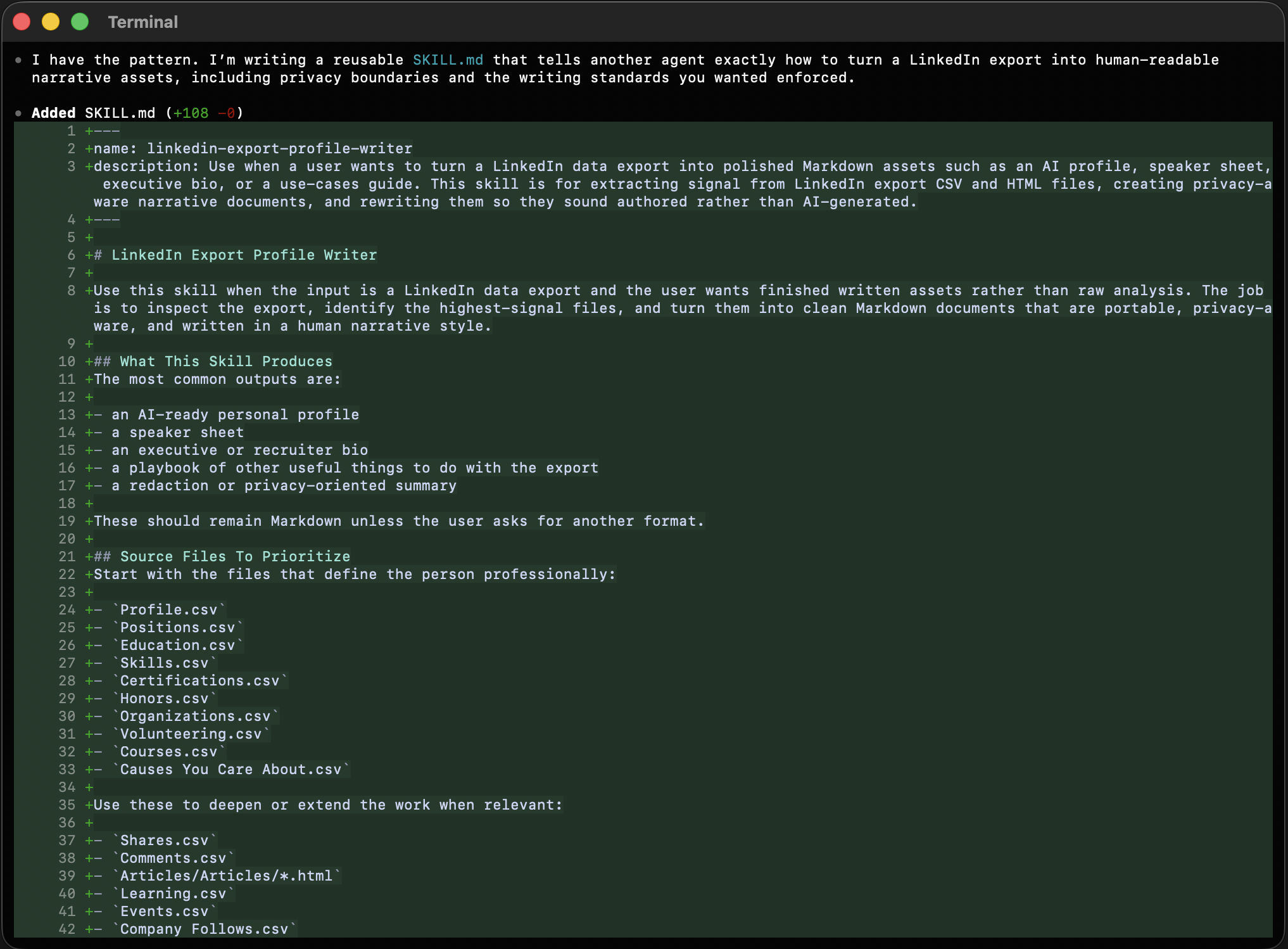 Terminal diff showing the reusable skill diff